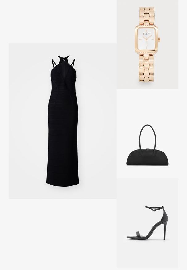 Crna haljina bez rukava s prilagođenim siluetom, koja ima horizontalnu rebrastu teksturu, V-izrez i detalj s mašnom na leđima.; Crne sandale s visokim potpeticama, otvorenom prstom, tankim trakama i kopčanjem oko gležnja. Glatka kožna tekstura s dizajnom ušiljenog prsta.; Crna kožna torba s zakrivljenim dizajnom, dvije duge ručke i srebrnim hardverom. Glatka tekstura bez vidljivih uzoraka ili naglasaka.; Zlatno-ružičasti pravilni sat s metalnim remenom, ukrasima od dragulja na okviru i bijelim brojčanikom koji sadrži crne oznake i kazaljke.