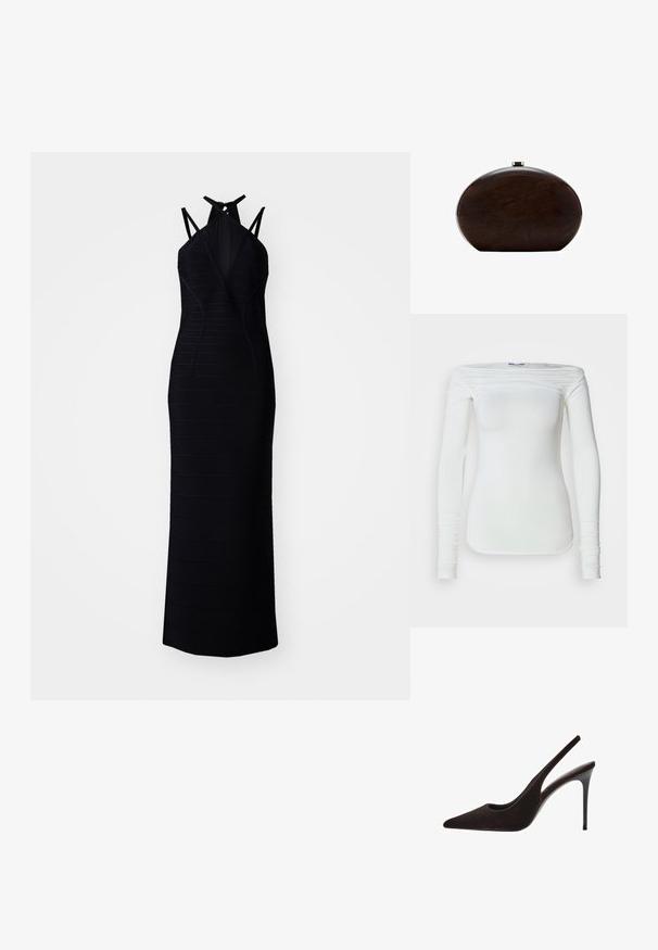Zwarte mouwloze jurk met een getailleerde silhouet, voorzien van horizontale ribbeltextuur, een V-halslijn en strikdetail op de rug.; Wit, langermig top met een off-shoulder ontwerp. Gemaakt van gladde stof, met plooitjes over de schouders en aansluitende mouwen.; Bruine suède slingback hoge hak schoen met een spitse neus, slank ontwerp, uitsnijdingen aan de zijkanten en een slanke stiletto hak.; Bruin hard-shell clutch met een ronde vorm en een gladde textuur. Voorzien van een sluiting aan de bovenkant en een minimalistisch ontwerp zonder versieringen.