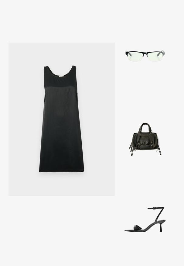 Crna haljina bez rukava, izrađena od glatkog materijala, s okruglim izrezom i A-siluetom, s minimalističkim dizajnom.; Bershka Sandale s visokom petom - black; Crna pravokutna naočala s prozirnim lećama, sa sofisticiranim crnim okvirom i sivim prozirnim drškama. Minimalistički dizajn, bez vidljivog brendiranja.; Crna kožna torba s pletenim ručkama, džepom na zatvarač i visećim resicama. Teksturirana površina s metalnim zakovicama i hardverskim naglascima.
