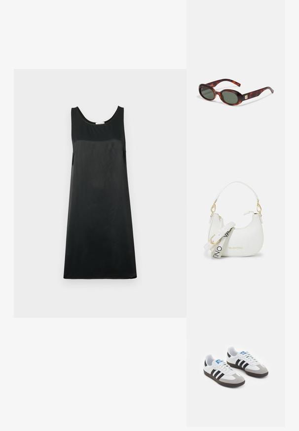 Crna haljina bez rukava, izrađena od glatkog materijala, s okruglim izrezom i A-siluetom, s minimalističkim dizajnom.; Sportske cipele s gornjištem od bijele kože, sivi suedinasti nos i tri crne pruge. Imaju plavi logo na jeziku i teksturiranu gumenu podlogu.; Naočale od kornjače s tamnim lećama, ovalnog oblika, i širokim krakovima. Imaju mali zlatni naglasak sa strane. Glatki plastični materijal.; Bijela torba s zakrivljenim siluetom, teksturirana koža, zlatni hardver i izmjenjiva traka s detaljima logotipa i kopčom.