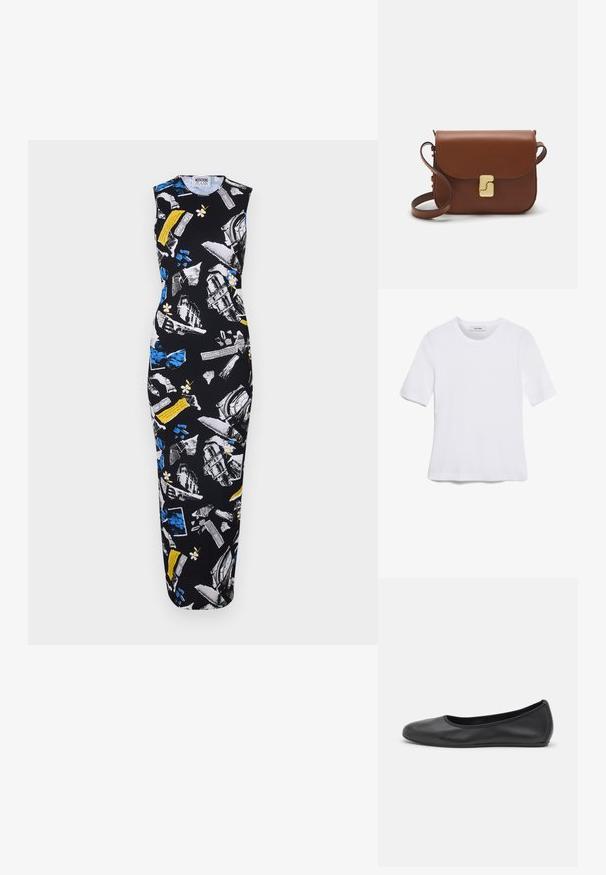 Abito maxi nero senza maniche con una stampa grafica raffigurante edifici blu, gialli e bianchi e testo. Vestibilità slim e texture del tessuto liscia.; T-shirt bianca a maniche corte realizzata in tessuto a costine. Collo rotondo, vestibilità regolare e dettagli di cucitura sottili. Senza motivi o grafiche.; Pantofole da balletto nere in pelle con punta arrotondata, texture liscia, dettagli di cucitura minimi e design con suola flessibile.; Borsa a tracolla in pelle marrone con chiusura a pattina, hardware color oro, tracolla e una finitura liscia. Forma rettangolare compatta.
