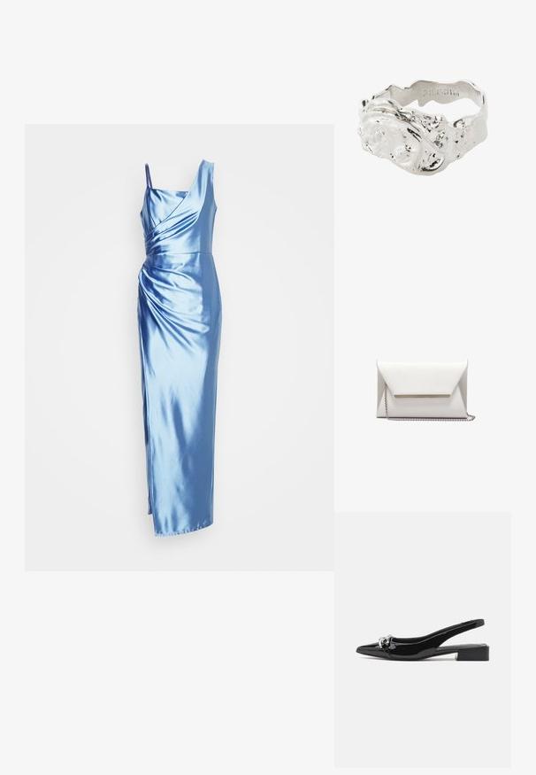 Gaišzila satīna vakarkleita ar vienu plecu, vīto ķermeni un garu siluetu, kas ir papildināta ar sānu šķēlumu.; Melna lakādas slingback kurpe ar smailu purngalu, zemu blokpapēdi un sudraba krāsas metāla detaļu priekšpusē.; Balts aploksnes somiņa, izgatavota no gludas ādas, ar sudraba ķēdes siksniņu un metāla akcentu priekšpusē. Minimālisma dizains un trīsstūra forma.; Tekstūrēts sudraba gredzens ar organisku formu, kuram ir viļņveidīgs josla un nevienmērīga virsma. Iedzimts logo iekšpusē joslā.