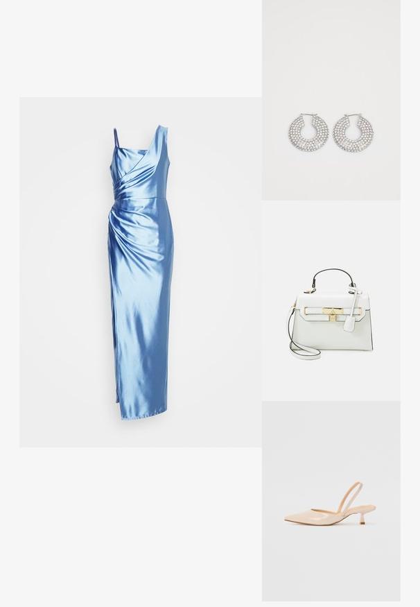 Világoskék selyem estélyi ruha, egyvállas fazonnal, csavart felsőrésszel és földig érő sziluettel, oldalán hasítékkal.; Bézs színű lakkbőr slingback magassarkú cipők hegyes orral és vékony, négyzetes sarkú dizájnnal. Simább textúra és minimalista stílus, díszítések nélkül.; Fehér kézitáska krokodilbőr textúrával, arany hardware-rel, felső fogantyúval és levehető vállpánttal; zárható fedéllel és minimalista dizájnnal rendelkezik.; Ezüst karika fülbevalók, amelyeket több átlátszó kristály díszít, texturált felülettel és nyitott, kör alakú kialakítással.