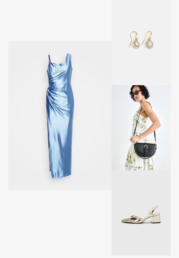 Gaišzila satīna vakarkleita ar vienu plecu, vīto ķermeni un garu siluetu, kas ir papildināta ar sānu šķēlumu.; Zeltaini, metāla kurpes ar siksniņām, norakans purngalis un masīla papēdis. Gluda tekstūra, minimālisma dizains un šaura siksna.; Melnas ādas rokassoma ar izliekta formu, noņemamu siksnu un zelta aksesuāriem. Somai ir vāciņš ar sprādzes detaļu.; Zelta tonī veidotas auskaru piekariņi ar ovālu izgriezumu caurspīdīgām kristālēm, kuras ieskauj mazākas caurspīdīgas akmeņu daļiņas, ar āķveida dizainu drošai valkāšanai.