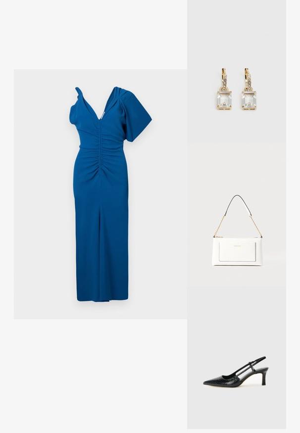 Vestido justo azul com um decote em V profundo, design de um ombro e detalhes franzidos na frente. Tecido liso com uma silhueta elegante.; Salto slingback em patente preta com bico apontado, apresentando um padrão de pele de cobra texturizado, tira ajustável e um salto bloco curto e texturizado.; Bolsa de mão branca em couro com acabamento texturizado, featuring a corrente dourada e detalhes pretos. Inclui um bolso frontal e fecho com zipper.; Brincos em tom de ouro com um cristal retangular claro pendurado abaixo de uma linha de pequenos acentos redondos claros. Design elegante e moderno.