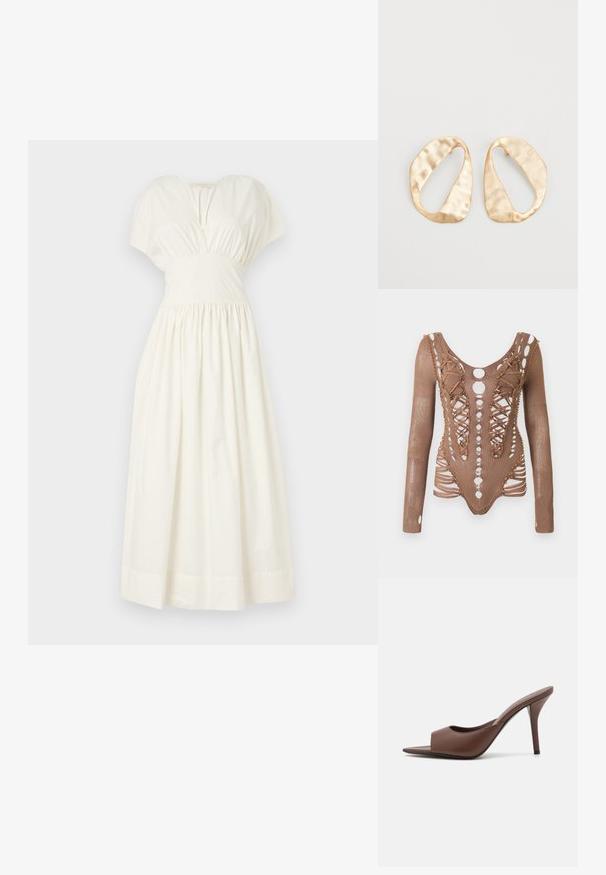 Faithfull the brand AUVE MIDI DRESS - Maxi dress - white; Long-sleeve brown mesh bodysuit with intricate cutouts, lace-up front detailing, and decorative beading along the edges against a white background.; Brown leather open-toe high-heeled mules with a sleek design, featuring a wide front strap and a slender stiletto heel.; Pair of irregular oval-shaped gold-toned metal earrings with a textured, slightly hammered surface on a white background.