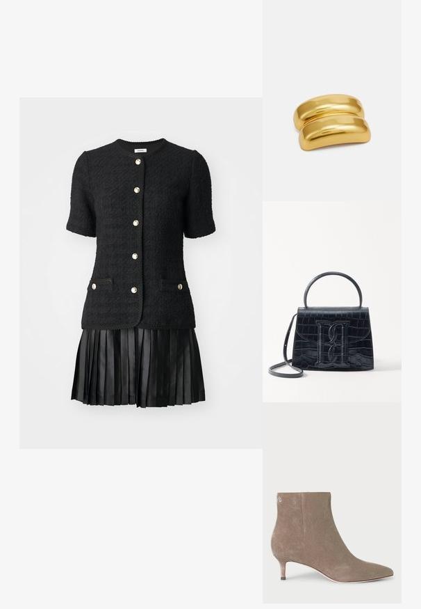 sandro ISABEL - Vestito casual - black; Stivaletto alla caviglia in suede grigio con punta affusolata e tacco kitten, caratterizzato da un dettaglio logo vicino alla parte superiore e una superficie liscia e texture.; Borsa in pelle nera con incisione a forma di coccodrillo, dal design strutturato, dotata di manico superiore, tracolla regolabile e un evidente dettaglio logo frontale.; Fermaglio per capelli in metallo dorato con un design liscio e arrotondato. La superficie è riflettente, caratterizzata da una forma curva unita senza ulteriori decorazioni.