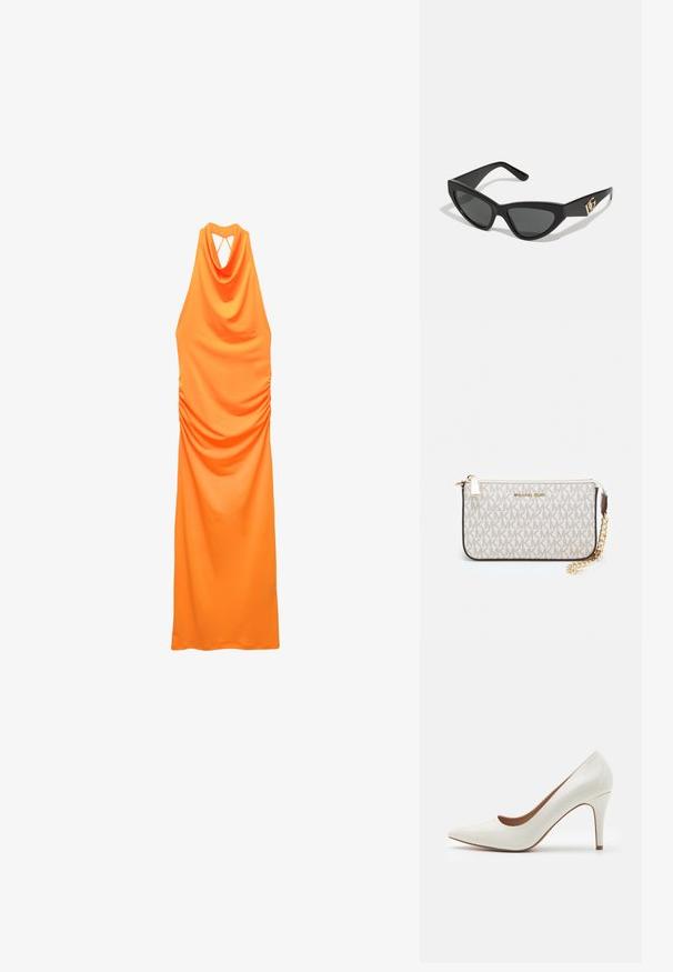Rochie portocalie cu gât halter, cu un corset drapat, laterale plisate și design cu spate deschis. Confectionata dintr-un material neted și elastic.; Cămașă de lac alb cu toc înalt, cu vârful ascuțit și o suprafață netedă, având un toc subțire și o deschidere tăiată jos.; Ochelari de soare tip cat-eye cu un cadru din plastic mat de culoare neagră, lentile întunecate și un accent de logo aurit pe tâmple. Design unghiular și textură netedă.; Clutch Michael Kors din canva acoperit bej, cu un model repetitiv al logo-ului MK, accesorii din aur și o curea cu lanț detașabil.