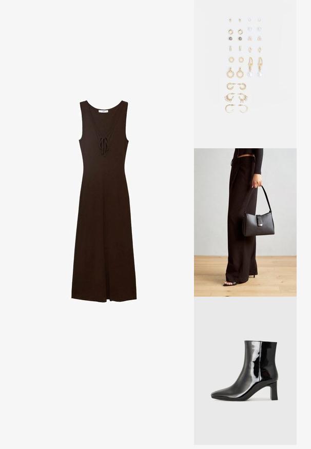 Abito marrone senza maniche con scollo a V, dettaglio con nodo sul davanti e silhouette fluida, realizzato in un tessuto liscio.; Stivaletto in pelle verniciata nera con punta a punta e tacco a blocco di altezza media. Texture liscia e design minimalista.; Borsa nera con forma strutturata, texture liscia e una chiusura metallica. Abbinata a pantaloni neri larghi e sandali open-toe su un pavimento in legno.; Set di orecchini in tonalità oro che presentano vari design, tra cui cerchi, orecchini a perno e pezzi pendenti con perle e strass.