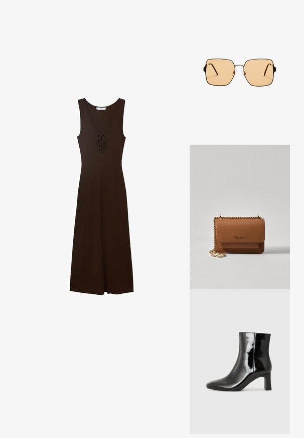 Braunes ärmelloses Kleid mit V-Ausschnitt, Bindung vorne und fließender Silhouette, aus einem glatten Stoff gefertigt.; Schwarzer Lackleder-Stiefelette mit spitzer Zehe und einem mittelhohen Blockabsatz. Glatte Textur und minimalistisches Design.; Quadratische Sonnenbrillen mit braunen Gläsern und einem dünnen schwarzen Metallrahmen. Verfügt über schräg gestaltete Bügel und verstellbare Nasenpads für zusätzlichen Komfort.; Braune strukturierte Ledertasche mit goldener Kettenriemen und Klappenverschluss. Die Vorderseite zeigt ein Logo-Detail und eine Tasche unter der Klappe.