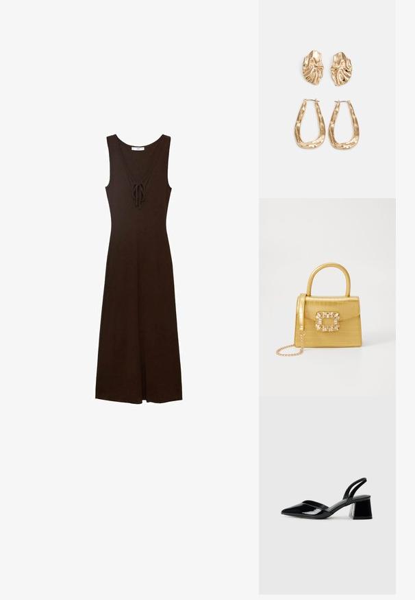 Bruine mouwloze jurk met een V-hals, strikdetail aan de voorkant en een vloeiende silhouet, gemaakt van een gladde stof.; Zwarte gepatineerde leren slingback hakken met een spitse neus en een geometrische blokhak. Kenmerkt zich door een slank, minimalistisch ontwerp en een gladde textuur.; Geel faux-krokodillenhandtas met een gestructureerd ontwerp, bovenhandvat, afneembare kettingriem en decoratieve kristallen versiering op de sluiting.; Gouden oorbellen met een getextureerd, golvend ontwerp. Bevat sculpturale clip-on studs en een open ringontwerp met een gehamerd oppervlak.