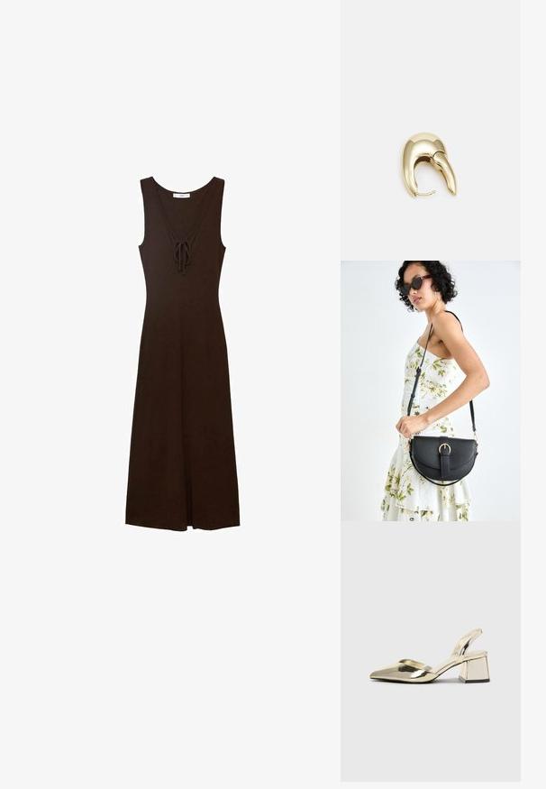 Brown sleeveless dress with a V-neck, tie detail at the front, and a flowing silhouette, made from a smooth fabric.; Gold, metallic slingback heels with a pointed toe and chunky heel. Smooth texture, minimalistic design, and a narrow strap.; Black leather handbag with a curved shape, detachable strap, and gold hardware. The bag features a flap with a buckle detail.; Gold-tone metal earring with a sleek, curved design. Features a distinctive pointed shape, polished surface, and hinge closure.