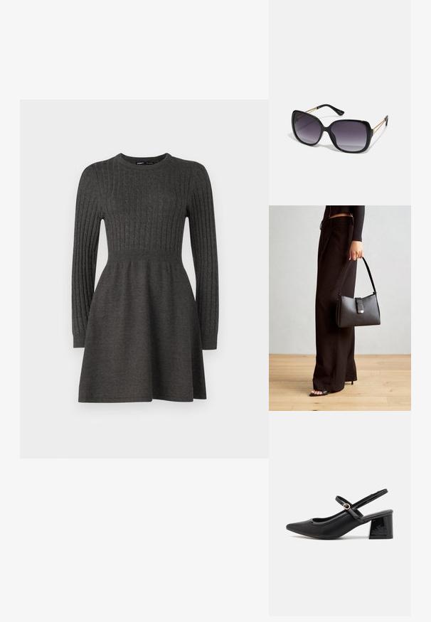 Vestido de malha cinza escuro com textura estriada, mangas longas, decote redondo e um corpete ajustado que se alarga numa saia.; Sabrinas de cerâmica preta com salto bloco, bico apontado e um design com recortes arredondados. Apresenta um detalhe em fivela de tom dourado.; Óculos de sol oversized pretos com lentes degradê, armações grossas e detalhes em corrente dourada nas hastes.; Bolsa preta com forma estruturada, textura suave e um fecho metálico. Combinada com calças largas pretas e sandálias de salto aberto sobre um chão de madeira.