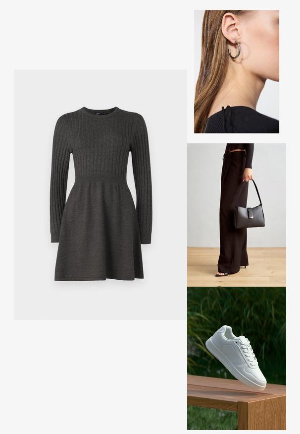 Dark gray knit dress with ribbed texture, long sleeves, round neck, and a fitted bodice that flares into a skirt.; White sneaker with a smooth synthetic upper, perforated toe box, flat laces, and a textured sole, displayed on a wooden surface.; Black handbag with structured shape, smooth texture, and a metallic clasp. Paired with wide black pants and open-toe sandals on wooden floor.; Silver hoop earring with a polished finish, featuring small gold accent details and a round shape, worn on the lobe.