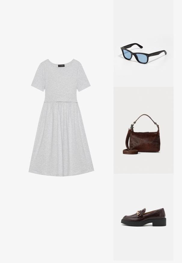 Vestido de algodão cinza com mangas curtas, decote redondo e um corpete ajustado que transita para uma saia rodada. Textura suave sem padrões.; Sapato loafer de couro castanho com um fivela de detalhe em ouro, salto quadrado preto e uma textura suave. A vista lateral destaca o bico arredondado e os detalhes costurados.; Óculos de sol de plástico preto com lentes tintadas azuis, formato quadrado, hastes sólidas e dois acessórios metálicos na parte frontal, perto das lentes.; Bolsa de mão em couro castanho com um exterior macio e texturizado semelhante a pelagem, design slim, uma alça curta e uma alça destacável.