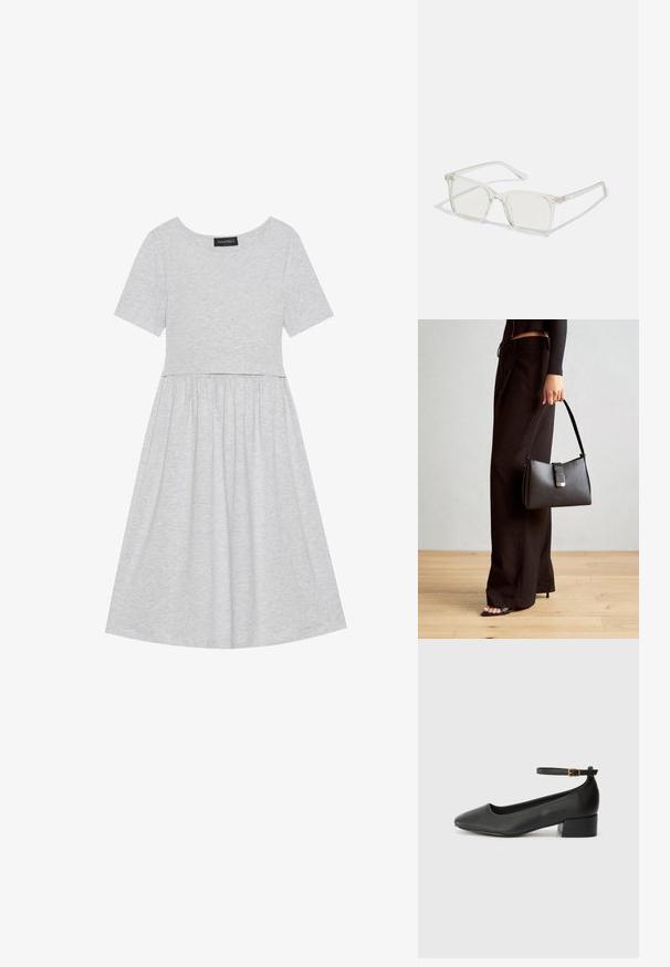 Vestido de algodão cinza com mangas curtas, decote redondo e um corpete ajustado que transita para uma saia rodada. Textura suave sem padrões.; Sandal de pele preta com bico pontiagudo e um salto bloco baixo. Apresenta uma tira no tornozelo com uma fivela em tom dourado. Textura suave.; Óculos quadrados de plástico transparente com lentes translúcidas, apresentando detalhes em dourado nas hastes.; Bolsa preta com forma estruturada, textura suave e um fecho metálico. Combinada com calças largas pretas e sandálias de salto aberto sobre um chão de madeira.