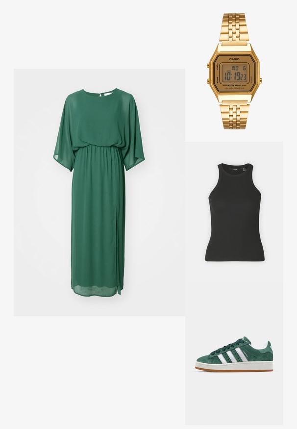 Vestido verde, leve e fluído, feito de um tecido leve. Apresenta um decote redondo, mangas curtas e uma cintura franzida com uma racha lateral.; Top de tanque preto com nervuras, com um decote alto e design sem mangas. Apresenta uma silhueta ajustada e uma textura suave.; Tênis de camurça verde com riscas de couro branco, sola de borracha, colarinho acolchoado e design minimalista. Apresenta uma marcação na lateral.; Relógio digital dourado com um mostrador retangular, ecrã LCD, bracelete em aço inoxidável e botões laterais. Apresenta um rótulo de resistente à água.