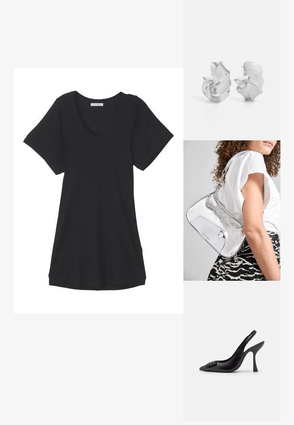Czarna koszulka krótki rękaw wykonana z miękkiego materiału, z okrągłym dekoltem i luźnym krojem. Gładka tekstura bez widocznych wzorów lub akcentów.; Czółenka na obcasie z czarnej skóry z odkrytym piętą, o ostrym nosku, smukłym wysokim obcasie i dekoracyjną kokardą. Gładka tekstura i elegancki design.; Srebrna, metaliczna torebka na ramię o gładkiej fakturze, zakrzywionym kształcie, łańcuszkowym pasku oraz wypolerowanej przedniej części z delikatnym grawerem logo.; Srebrne kolczyki o płynnych, spiralnych wzorach. Gładka faktura z polerowanym wykończeniem. Posiadają subtelną poświatę i brak widocznych ozdób.