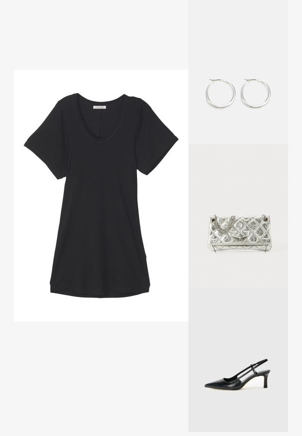 Fekete, rövid ujjú póló, puha anyagból készült, lekerekített nyakkivágással és laza fazonnal. Simaság jellemzi, látható minták vagy díszítések nélkül.; Fekete lakk slingback sarok, hegyes orral, texturált kígyómintával, állítható pánttal és rövid, texturált tömbsarkal.; Ezüst színű fémes kézitáska lánckarral, steppelt textúrával, díszített varrással és cipzáros záródással. A fonákján domború részletek találhatók.; A ezüst karika fülbevalók sima, lekerekített formájúak, vékony profilúak és biztonságos zárással rendelkeznek. Minimalista stílus, fényes befejezéssel.