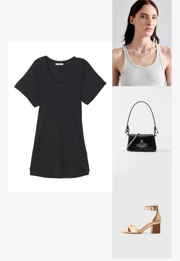 Melna īsā piedurkne T-krekls no mīksta auduma, ar ovālu kakla izgriezumu un brīvu piegriezumu. Gluda tekstūra bez redzamām rakstiem vai akcentiem.; Zelta metāla augstpapēžu sandeļa ar plašu siksnu pāri pirkstiem, potītes siksnu ar sprādzi un kvadrātveida papēdi. Gluda tekstūra, minimālas detaļas.; Melnas ādas rokassomi ar strukturētu dizainu, sudraba ķēdes siksnu un izteiktu metalizētu logo priekšpusē. Gluda tekstūra.; Sudraba stieples kaklarota ar caurspīdīgām ģeometriskām pērlēm, kurai ir vienkāršs dizains. Modelis valkā gaiši pelēku ribotu topu.