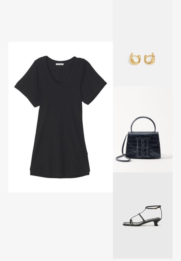 Schwarzes T-Shirt mit kurzen Ärmeln aus weichem Stoff, mit einem Rundhalsausschnitt und einer lockeren Passform. Glatte Textur ohne sichtbare Muster oder Akzente.; Schwarze Ledersandale mit quadratischer Zehenpartie, dünnen Riemen, verstellbarem Knöchelriemen und einem niedrigen Absatz. Mit einem kleinen goldenen Akzent am Riemen.; Schwarze Handtasche aus Krokodilprägung mit strukturiertem Design, Oberhandgriff, verstellbarem Tragegurt und einem auffälligen Logo-Detail auf der Vorderseite.; Goldene Creolen mit einem glatten, runden Design und einer polierten Oberfläche. Die Ohrringe haben eine kompakte, klobige Form und einen nahtlosen Verschluss.