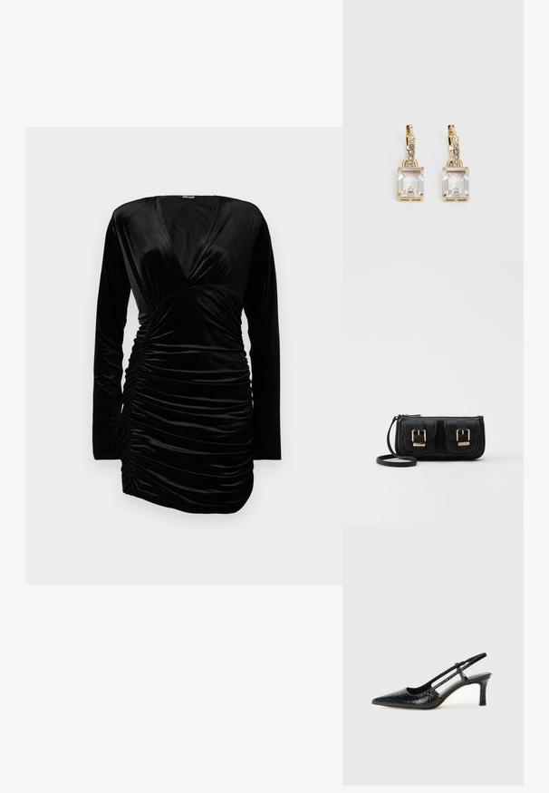 Melna zīda kleita ar garām piedurknēm, dziļu V-veida dekoltē un rušētiem detaļām sānos, kas veido pieguļošu siluetu. Gluda tekstūra un klasiskā dizaina.; Melna patent āda ar slīdošo papēdi un smailo purngalu, ar teksturētu čūsku drukājumu, regulējamu siksniņu un īsu teksturētu blokpapēdi.; Melnas ādas crossbody soma ar divām priekšējām kabatām, zelta sprādzēm, ar rāvējslēdzēju aizdari un šauru siksnu. Strukturēta virsma un kompakta taisnstūra forma.; Zeltītas auskaru rotas, kuru centrā ir taisnstūra formas caurspīdīgs kristāls, kas karājas zem mazu, apaļu caurspīdīgu akcentu rindas. Elegants, mūsdienīgs dizains.