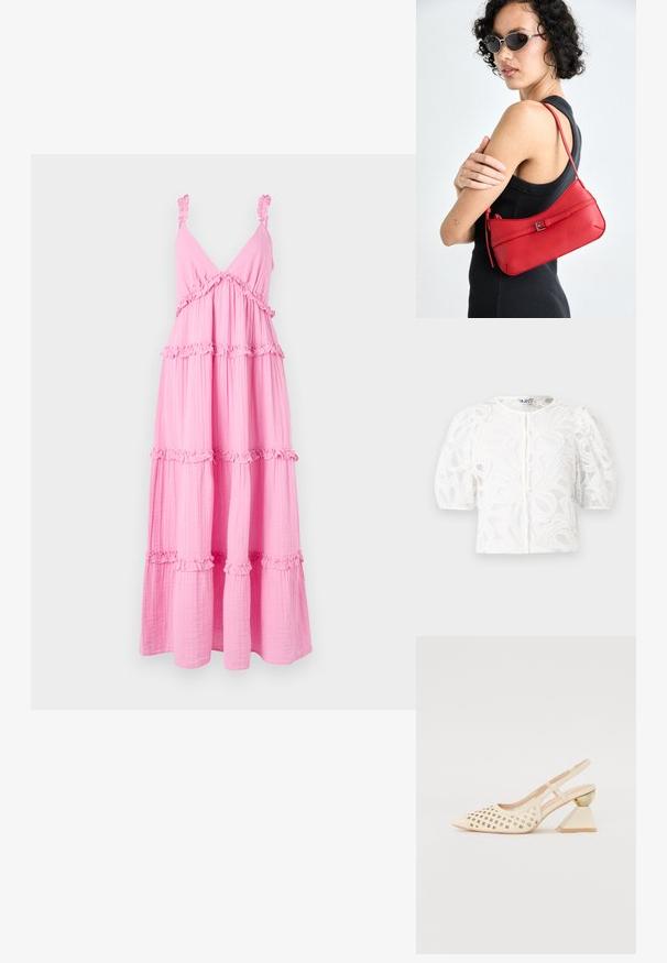 Rosa lagdelt kjole laget av lett stoff med volanger på stroppene og detaljer. Har V-hals og en flytende design med horisontale rynker.; Hvit bluse i blonder med rund hals, puffer korte ermer og blomsterdesign. Har knapplukking og gjennomsiktig stoff.; Beige slingback sko med perforert overdel, spiss tå og en kontrasterende trekantet hæl med gullakksent. Generelt glatt tekstur.; Rød lær skulderveske med en glatt tekstur, buet design og en dekorativ spenne. Justerbar stropp og glidelås-lukking.