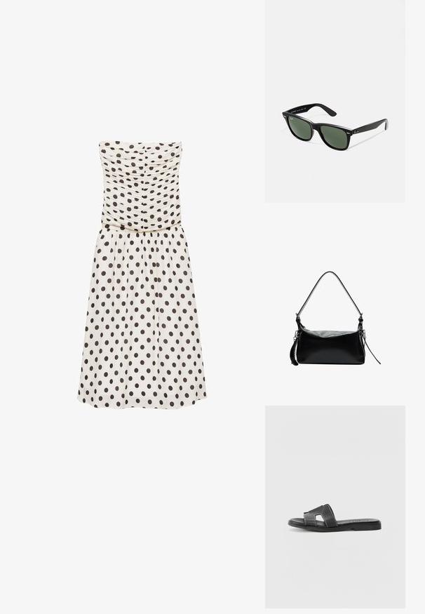 Sukienka bez ramiączek w kremowym kolorze w ciemno-brązowe kropki, z marszczonym biustem i zwiewną spódnicą. Gładka tekstura, długość do kolan.; Czarne skórzane sandały na płaskiej podeszwie, z dwoma skrzyżowanymi paskami i kontrastującym białym haftem. Prosty design z odkrytymi palcami.; Czarne plastikowe okulary przeciwsłoneczne z zielonymi szkłami, kwadratowe oprawki, srebrny akcent na brwi oraz fakturowane ramiona temple. Nazwa marki podana na wewnętrznej stronie ramion.; Czarna skórzana torebka na ramię z zakrzywionym paskiem, gładką fakturą, prostokątnym kształtem, zamknięciem na zamek błyskawiczny oraz srebrnymi elementami.