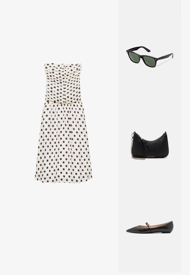 Hame utanä, kremvärinen mekko tummanruskeilla pilkuilla, jossa on rypytetty yläosa ja virtaava hame. Suora rakenne, polven pituinen malli.; Musta nahkainen ballerinat, joissa on terävä kärki ja sivuhihna, jossa on pyöreä kultainen yksityiskohta. Kevyet ja litteällä pohjalla.; Mustat muoviset aurinkolasit, joissa on vihreät linssit, neliönmuotoiset kehykset, hopeinen yksityiskohta kulmakarvojen kohdalla sekä tekstuuriset temppeleiden varret. Brändi ilmoitettu sisävarsissa.; Musta synteettinen käsilaukku, jossa on kaareva muoto, hopeinen ketjuhihna, vetoketjusuljenta ja kohokuvioitu brändilogo etupuolella. Sujuva pinta.