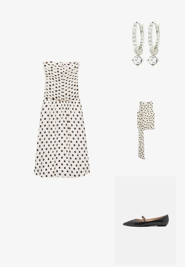 Trägerloses, cremefarbenes Kleid mit dunkelbraunen Punkten, ausgestattet mit einem gerüschten Oberteil und einem fließenden Rock. Glatte Textur, knielanges Design.; Mango ADELA - Top - off-white; Schwarze Leder-Ballerinas mit spitzer Zehe und einem Seitenriemen, der mit einem runden goldenen Akzent verziert ist. Leichtgewichtig mit einer flachen Sohle.; Silberfarbene Creolen mit einer Reihe klarer Steine und einem runden Kristallanhänger, der von jeder hängt. Poliertes Metall, elegantes Design.