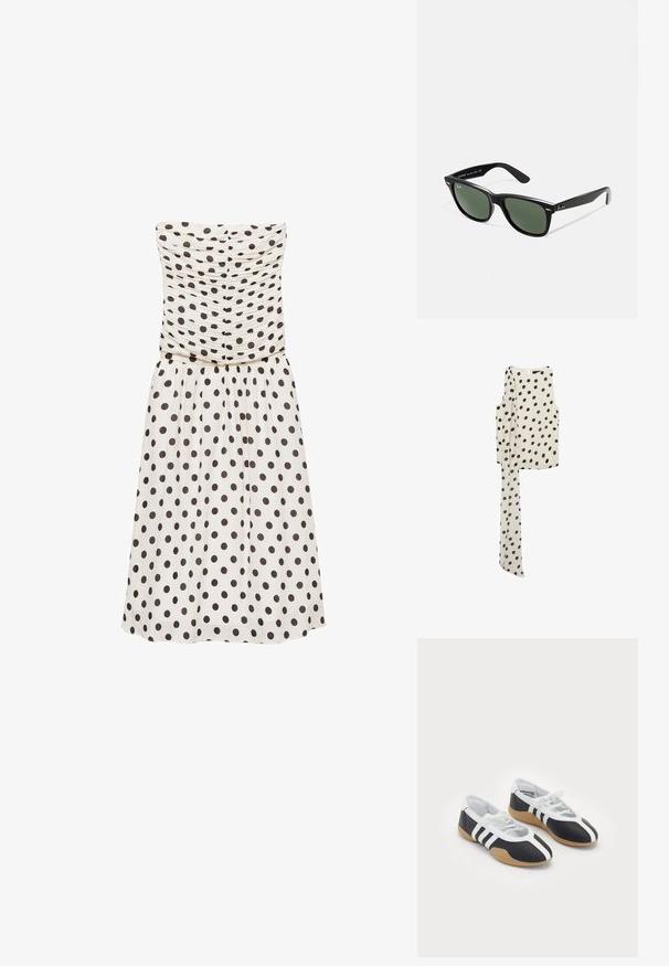 Mouwloze, crèmekleurige jurk met donkerbruine stippen, met een gerimpelde bustier en een vloeiende rok. Soepele textuur, knie-lange ontwerp.; Mango ADELA - Top - off-white; Zwart-witte sport schoenen met een slank ontwerp, rubberen zool, vetersluiting en drie witte strepen aan de zijkanten.; Zwarte plastic zonnebril met groene lenzen, vierkante montuur, zilveren accent op de wenkbrauw en een gestructureerde tempel. Merken vermeld op de binnenkant van de arm.