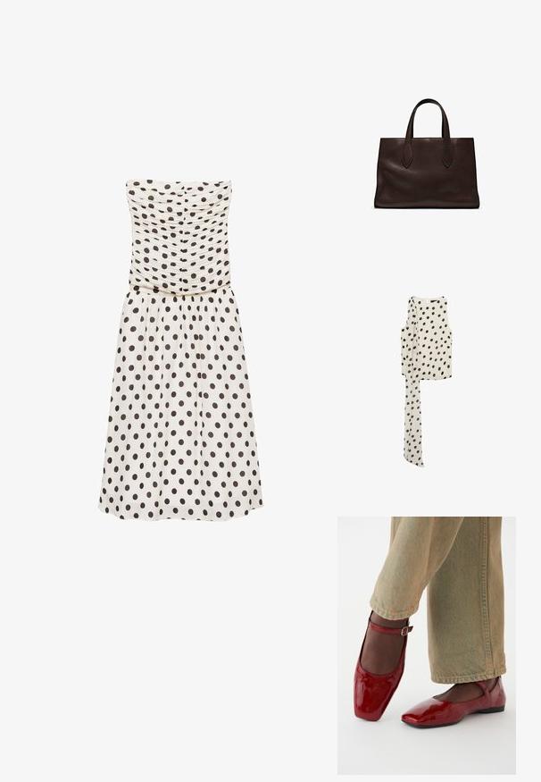 Abito senza spalline, di colore crema con pois marroni scuri, dotato di un corpetto arricciato e una gonna fluida. Tessuto liscio, design al ginocchio.; Mango ADELA - Top - off-white; Scarpe in pelle verniciata rossa con punta quadrata, tacco basso e cinturino alla caviglia, abbinate a jeans a gamba larga verdi chiari. Texture liscia, superficie riflettente.; Borsa a spalla in pelle marrone con due manici lunghi, forma rettangolare strutturata, texture liscia e dettagli di cucitura sottili.