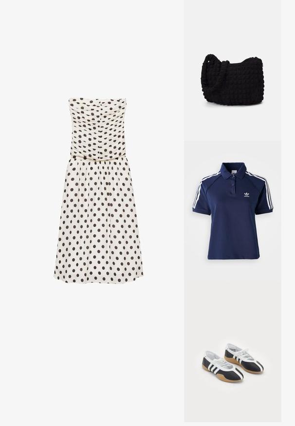 Trägerloses, cremefarbenes Kleid mit dunkelbraunen Punkten, ausgestattet mit einem gerüschten Oberteil und einem fließenden Rock. Glatte Textur, knielanges Design.; Navy Polohemd aus Baumwollmischung mit Kragen, drei Knöpfen und weißen Streifen an den Schultern; verfügt über ein gesticktes Logo.; Schwarz-weiße Sportschuhe mit einem eleganten Design, Gummisohle, Schnürverschluss und drei weißen Streifen an den Seiten.; Schwarze Stofftasche mit einer strukturierten, gesteppten Oberfläche. Abgerundete Form, kurze, dicke Griffe und eine weiche, flexible Struktur.