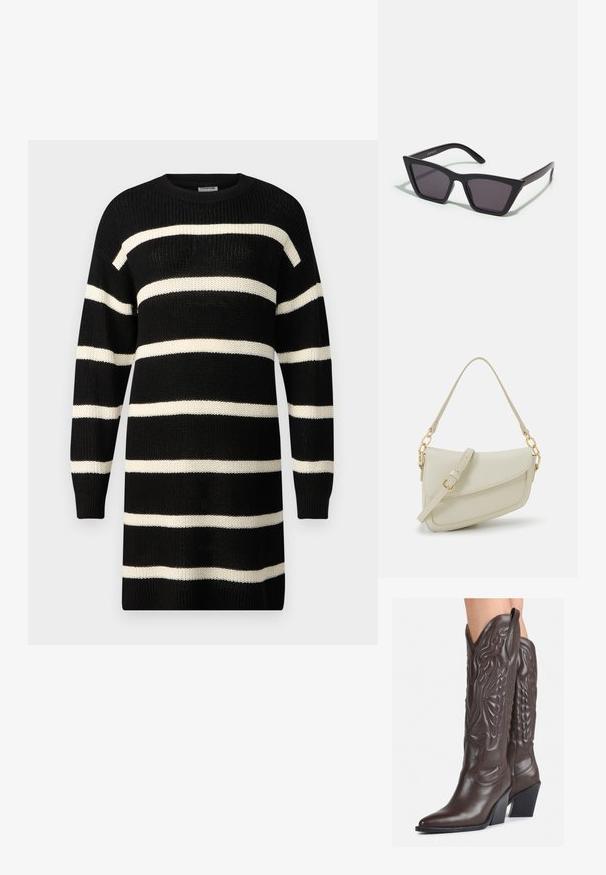 Rochie tricotată neagră, cu dungi orizontale late în crem, guler rotund și mâneci lungi. Material texturat, cu tivuri și manșete ribbate.; Bocanci de cowboy din piele maro, cu vârf ascuțit și toc pătrat, având cusături detaliate și accente ridicate pe tijă.; Ochelari de soare negri, unghiulari, cu lentile gri; fabricați din plastic, având brațe groase cu o suprafață netedă și fără hardware vizibil.; Geantă mică de crem cu un finisaj texturat, curea lungă și ajustabilă, accent cu lanț și închidere cu clapetă. Detalii din hardware aurie.; Cercei cercuri din aur cu un finisaj neted și strălucitor. Design circular cu un mic suport și un spate transparent pentru o purtare sigură.