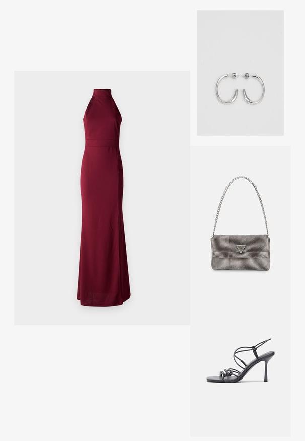 WAL G TALL HALTER NECK MAXI DRESS - Vestido de cocktail / Vestido de festa - berry wine; As sandálias de salto alto pretas apresentam tiras finas com um design em nó, uma biqueira quadrada lisa e um elegante salto agulha.; Bolsa metálica cinza claro com uma alça de corrente, adornada com pequenos rebites metálicos circulares e um logótipo triangular da marca.; Brincos de argola prateados com um acabamento suave e brilhante. Forma arredondada, design leve, com fecho de pino.