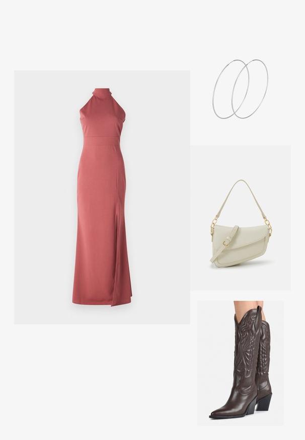 Maksi obleka v pražno rožnati barvi, z ovratnikom na zavezovanje za vrat, ozkega kroja, iz gladkega materiala s prerezom na levi strani do stegna za dodatno oblikovno podrobnost.; Rjave usnjene kavbojske čevlje z ostrim nosom in blok peto, ki vsebujejo podrobno šivanje in dvignjene dodatke na zgornjem delu.; Mala kremna torbica z teksturiranim zaključkom, dolgim nastavljivim trakom, verižnim poudarkom in zapiranjem na poklop. Detajli iz zlatega kovinskega materiala.; Srebrne uhane v obliki obroča z minimalističnim dizajnom. Krožna oblika, gladka tekstura in tanek profil. Lahki s poliranim zaključkom.