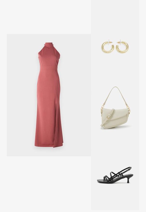 Rochie maxi în nuanță roz prăfuită, cu decolteu halter, croială slim, realizată dintr-un material neted, cu o deschizătură până pe coapsă în partea stângă pentru un detaliu de design adăugat.; Sandale negre cu toc, cu mai multe curele încrucișate. Material neted, vârf ascuțit și toc subțire. Curea ajustabilă la gleznă cu cataramă.; Geantă mică de crem cu un finisaj texturat, curea lungă și ajustabilă, accent cu lanț și închidere cu clapetă. Detalii din hardware aurie.; Cercei cercuri din aur cu un finisaj neted și strălucitor. Design circular cu un mic suport și un spate transparent pentru o purtare sigură.