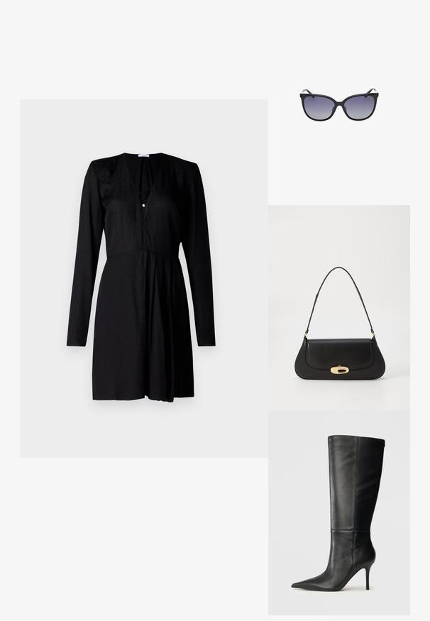 Patrizia Pepe ABITO - Jurk - nero; Zwarte leren kniehoge laars met spitse neus en slanke stilettohak, gladde textuur, zijprofiel op neutrale achtergrond.; Zwarte cat-eye zonnebril met gradientlenzen, voorzien van een gladde kunststof montuur en subtiele metalen accenten op de pootjes.; Zwarte leren handtas met een gebogen ontwerp, goudkleurige accenten en een bovenhandvat. Heeft een strakke sluiting en een gladde textuur.