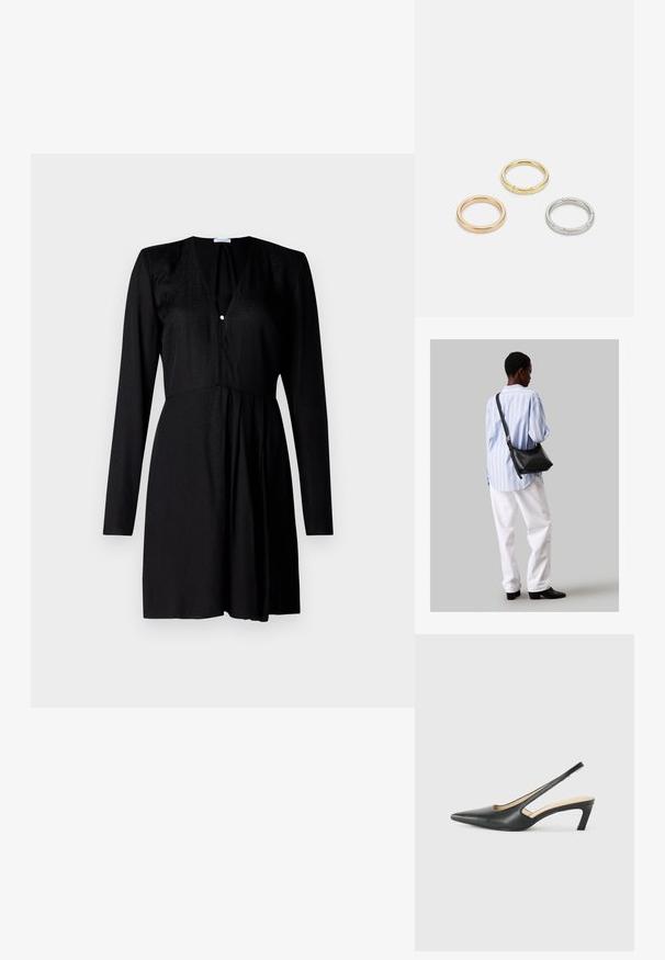 Patrizia Pepe ABITO - Freizeitkleid - nero; Schwarzer spitz zulaufender Slingback-Schuh mit niedrigem Absatz, der aus glattem Leder gefertigt ist und seitliche Ausschnitte für Atmungsaktivität aufweist.; Schwarze Leder-Umhängetasche mit weicher Textur, dreieckiger Form und verstellbarem Tragegurt, kombiniert mit einem hellblauen gestreiften Hemd und weißen Hosen.; Drei Metallringe: einer in Roségold, einer aus Gold mit strukturierten Akzenten und einer aus Silber, alle mit graviertem Branding auf dem inneren Band.