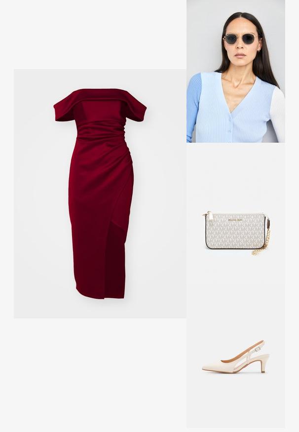 Robes bordeaux à épaules dénudées avec une texture froncée, une silhouette ajustée et une fente sur le côté, fabriquées en tissu lisse et extensible.; Talons aiguilles blanches à bride arrière avec un bout pointu, un dessus lisse, un petit talon carré et un design avec découpes latérales et sangle réglable.; Lunettes de soleil rondes avec verres sombres et monture en or. Le modèle porte un cardigan à côtes bleu clair avec des boutons et des manches blanches contrastantes.; Porte-monnaie Michael Kors en toile enduite beige avec un motif répété de logo MK, des accessoires en or et une bandoulière en chaîne amovible.