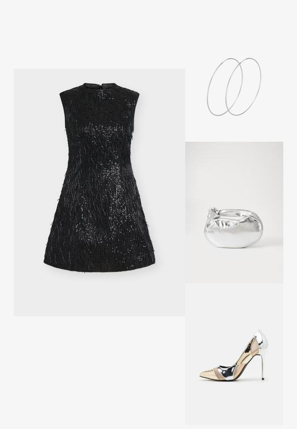 Black sleeveless dress with textured sequins, featuring a fitted bodice and flared skirt. The surface is adorned with varying lengths of threads.; Pointed-toe high heel shoe with a silver, gold, and nude color scheme. Glossy finish with cutout design, featuring a stiletto heel.; Silver metallic pouch bag with a soft, rounded shape and a knotted top closure. Made from smooth faux leather material.; Silver hoop earrings with a minimalist design. Circular shape, smooth texture, and thin profile. Lightweight with a polished finish.