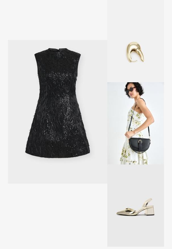 Black sleeveless dress with textured sequins, featuring a fitted bodice and flared skirt. The surface is adorned with varying lengths of threads.; Gold, metallic slingback heels with a pointed toe and chunky heel. Smooth texture, minimalistic design, and a narrow strap.; Black leather handbag with a curved shape, detachable strap, and gold hardware. The bag features a flap with a buckle detail.; Gold-tone metal earring with a sleek, curved design. Features a distinctive pointed shape, polished surface, and hinge closure.