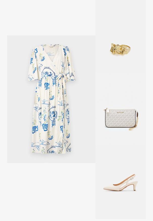 Šaty voľného strihu z ľahkého krémového materiálu, so vzorom modrých kvetov a zelenými akcentmi. Krátke vystužené rukávy, detail na viazanie v páse a dĺžka po kolená.; Biele slingback topánky na podpätku s ostrou špičkou, hladkým vrchným materiálom, nízkym blokovým podpätkom a bočným výrezom s nastaviteľným remienkom na pracku.; Michael Kors zápästná taška v béžovej potiahnutej plátenej tkanine s opakujúcim sa vzorom loga MK, zlatým kovania a odnímateľným reťazovým popruhom.; Zlatý prsteň s textúrovaným, vlnitým dizajnom, ktorý má tri výrazné vrcholy. Hladký, lesklý povrch a otvorený pásik pre nastaviteľné prispôsobenie.
