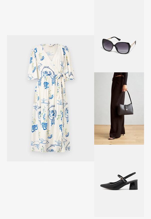 Šaty voľného strihu z ľahkého krémového materiálu, so vzorom modrých kvetov a zelenými akcentmi. Krátke vystužené rukávy, detail na viazanie v páse a dĺžka po kolená.; Čierne lakované kožené lodičky so slingback dizajnom, špicatou špičkou, zaobleným výrezom a blokovým podpätkom. Obsahuje akcent zlatého tónu s prackou.; Čierne oversized slnečné okuliare s gradientovými sklíčkami, hrubými rámami a zlatým retiazkovým detailom na stranách.; Čierna kabelka so štruktúrovaným tvarom, hladkou textúrou a kovovou sponou. V kombinácii so širokými čiernymi nohavicami a sandálmi s otvorenou špičkou na drevenej podlahe.