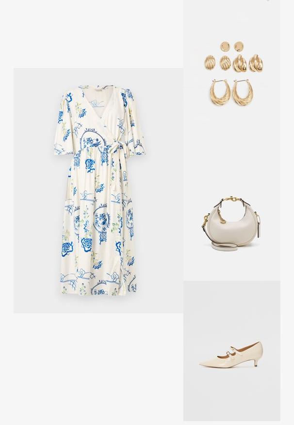 Kermanneva valkoinen mekko, jossa on sinisiä kukkakuoseja ja vihreitä yksityiskohtia. Lyhyet puff-hihat, vyötäröllä solmimisydin ja polvipituinen.; Beige lakkinahka Mary Jane -kengät, joissa on kaksi säädettävää solkea, teräväkärkinen muoto ja matala kantaluku. Sileä pinta kiiltävällä viimeistelyllä.; Kreemivärvi nahast käekott, millel on poolkuuline kuju, kuldne riistvara, mustad aktsendid ja eemaldatav rihm. Omab aheladetaile ja silt.; Korukultaiset korvakoruasetelmat, jotka sisältävät kolme paria: kuvioidut soikeat nappikorvakorut, aaltoilevalla muotoilulla varustetut nappikorvakorut ja suuret renkaat, joissa on kerrokselliset urat.