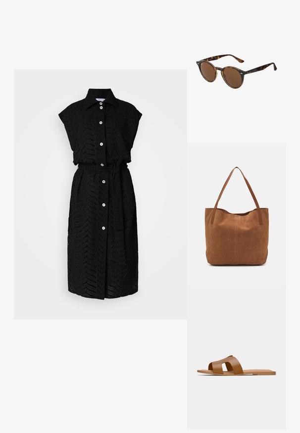 Fekete, galléros ingruha, textúrált, cikk-cakk mintázattal és övvel a deréknál. Könnyű anyagból készült.; Barna lapos szandálok, széles, keresztbe tett pántokkal, sima szintetikus anyagból, lapos, minimalista talppal.; Kerek napszemüveg, teknősbéka mintás műanyag kerettel, barna lencsékkel és fém díszítéssel az elején. Karcsú karok, fényes felülettel.; Barna velúr táska két hosszú fogantyúval, sima textúrával, egyszerű dizájnnal, és látható fém részek vagy díszítés nélkül.