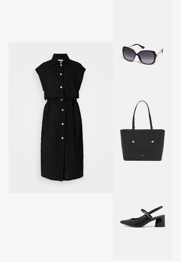 Juoda mygtukinė suknelė su apykakle, turinti tekstūruotą zigzagą raštą ir diržą juosmens srityje. Pagaminta iš lengvos medžiagos.; Juodi patentinio odos slingback aukštakulniai su smailiu pirštu, apvaliu išpjovimu ir blokiniu kulnu. Papuošti auksiniu juostos akcentu.; Juodos didelės saulės akinių su pereinamais objektyvais, storomis rėmeliais ir auksinės spalvos grandinėmis ant šventyklų.; Juodas sintetinio pluošto rankinis krepšys, turintis paprastą stačiakampį dizainą, auksines kvadratines detales ir dvi rankenas.