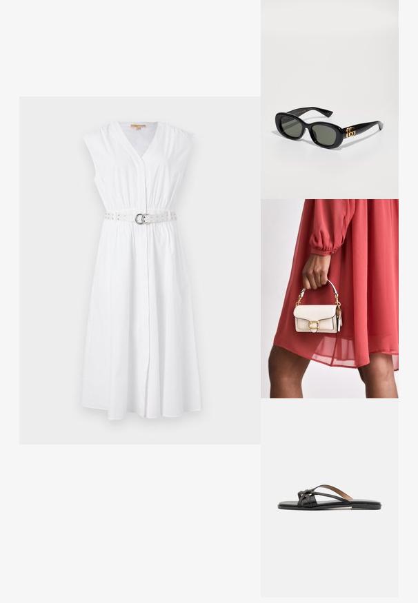 Valkoinen hihaton mekko, jossa on V-pääntie, kapeampi vyötärö ja koristeellinen vyö, jossa on hopeisia niittejä ja pyöreä solki. Suhdanteinen puuvillakangas.; Mustat nahka flip-flop sandaalit, joissa on ohuet, ristiin menevät hihnat ja litteä pohja, minimalistinen muotoilu ja sileä pinta.; Mustat muoviset aurinkolasit, joissa on vihreät linssit, ovaalin muotoiset ja kultaiset logot yksityiskohdat temppeleissä. Sileä pinta ja kiiltävä viimeistely.; Valkoinen nahkalaukku suorakaiteen muotoisena, kultaisilla yksityiskohdilla ja lyhyellä ketjukahvalla, pidetään kädessä, yhdistetty punaisen mekon kanssa.