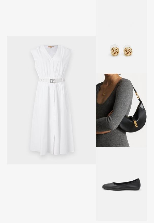 Bijela haljina bez rukava s v-izrezom, suženim strukom i dekorativnim remenom s srebrnim zakovicama i okruglom kopčom. Glatka pamučna tkanina.; Crne kožne baletanke s zaobljenim vrhom, glatke teksture, minimalnim detaljima šavova i fleksibilnim dizajnom potplata.; Crna kožna torba u obliku polovice mjeseca s zlatnim metalnim detaljima, sa zatvaranjem na cipku. Nošena crossbody preko sive pletive.; Naušnice na stud s zlatnim tonom i uvrnutim dizajnom. Svaka naušnica ima okruglu prozirnu podlogu za sigurno nošenje.