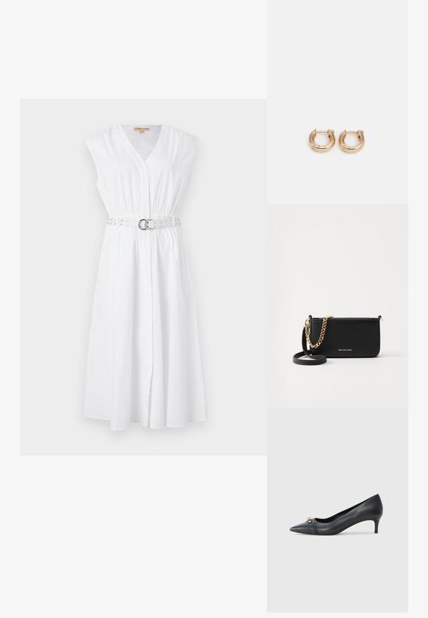 Biała sukienka bez rękawów z dekoltem w serek, zaciśnięta w talii, ozdobiona paskiem z srebrnymi ćwiekami i okrągłą klamrą. Gładki materiał bawełniany.; Czarna skórzana szpilka z owalnym noskiem, niskim obcasem, z teksturowanym paskiem i metalicznym akcentem z przodu. Gładka powierzchnia i smukły kształt.; Czarna skórzana kopertówka z złotym akcentem w postaci łańcucha, gładka faktura i złote detale z logo. Zawiera regulowany pasek dla większej wszechstronności.; Złote kolczyki w kształcie obręczy z wypolerowanym wykończeniem, charakteryzujące się grubym, okrągłym wzorem i bezpiecznym zapięciem. Gładka faktura i błyszczący wygląd.